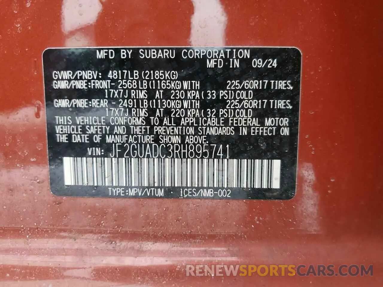 13 Фотография поврежденного автомобиля JF2GUADC3RH895741 SUBARU CROSSTREK 2024