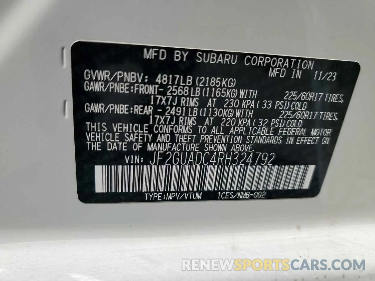 13 Фотография поврежденного автомобиля JF2GUADC4RH324792 SUBARU CROSSTREK 2024
