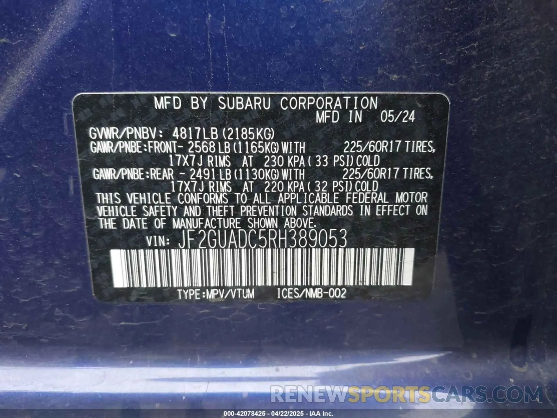 9 Фотография поврежденного автомобиля JF2GUADC5RH389053 SUBARU CROSSTREK 2024