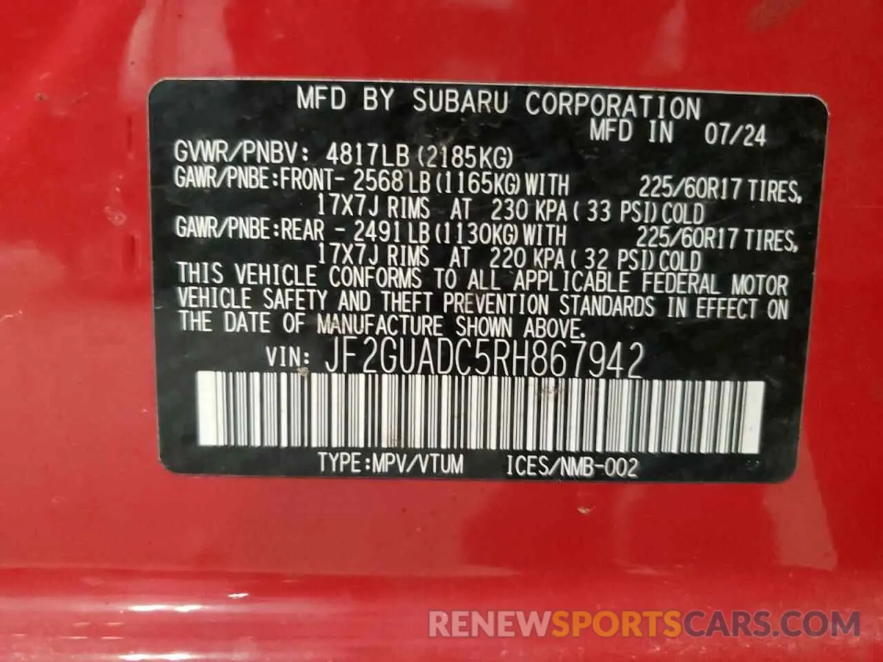 13 Photograph of a damaged car JF2GUADC5RH867942 SUBARU CROSSTREK 2024