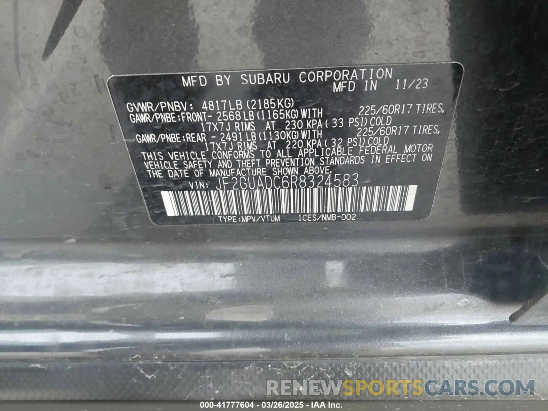 9 Фотография поврежденного автомобиля JF2GUADC6R8324583 SUBARU CROSSTREK 2024