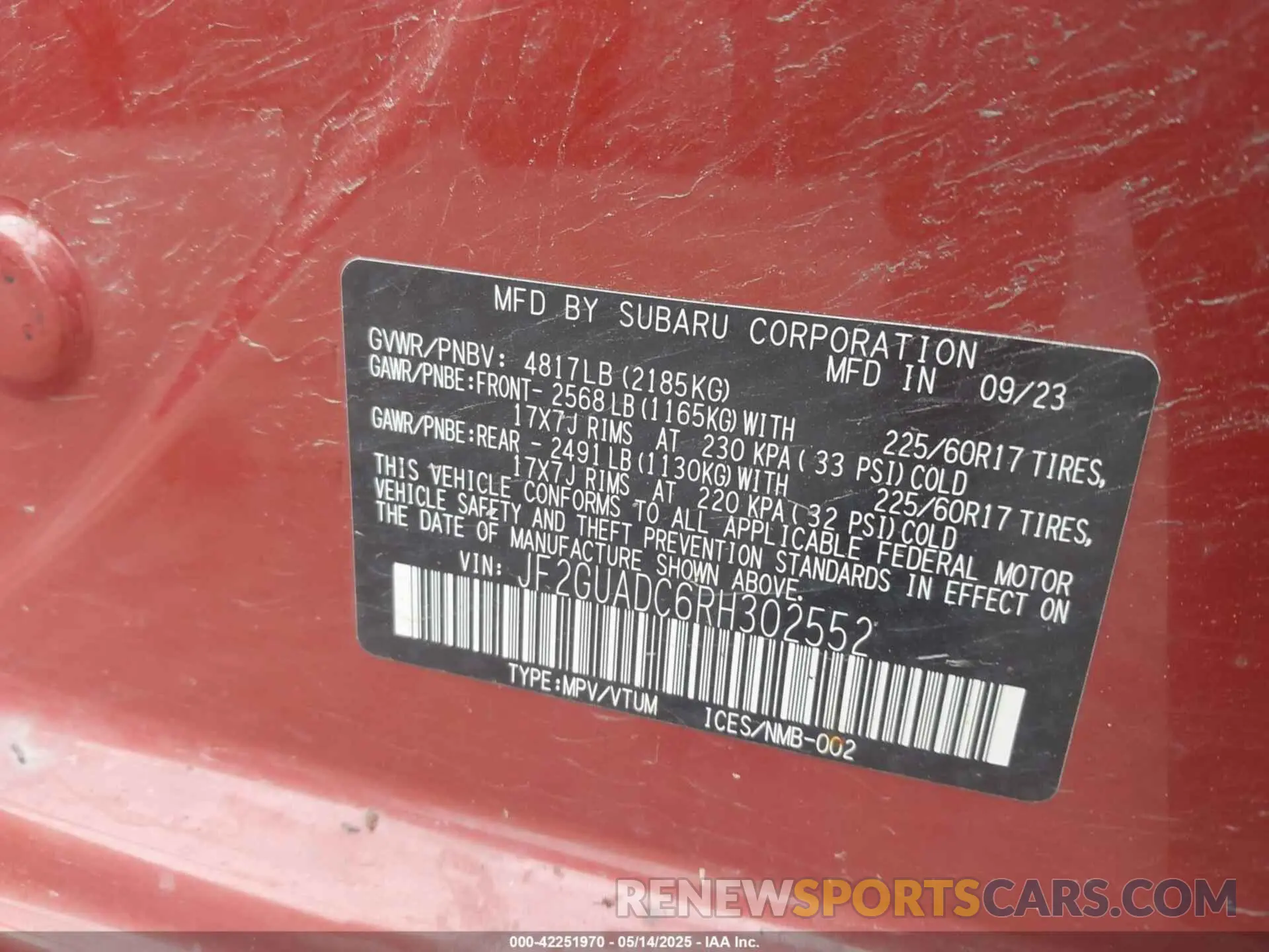 9 Фотография поврежденного автомобиля JF2GUADC6RH302552 SUBARU CROSSTREK 2024