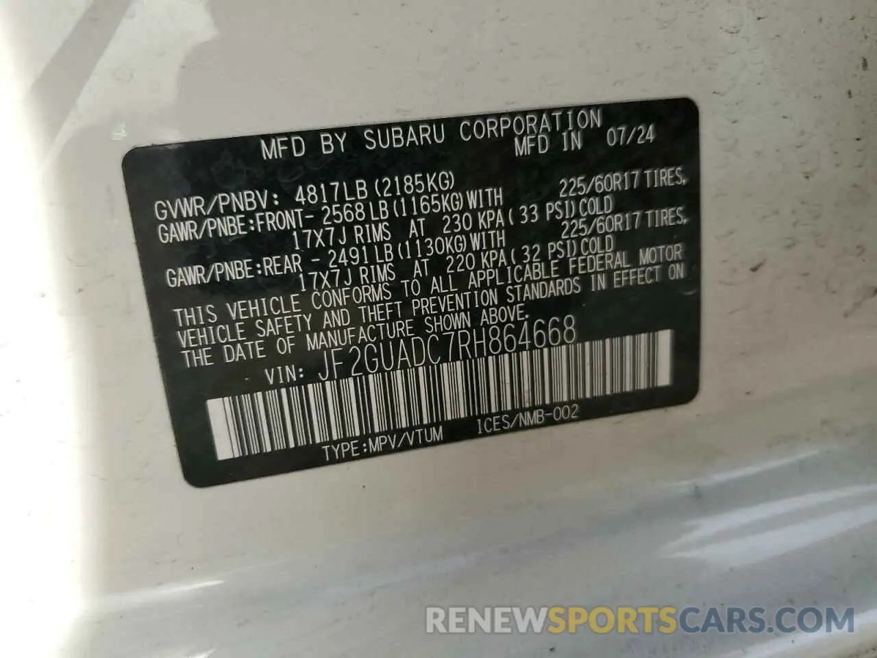 15 Фотография поврежденного автомобиля JF2GUADC7RH864668 SUBARU CROSSTREK 2024