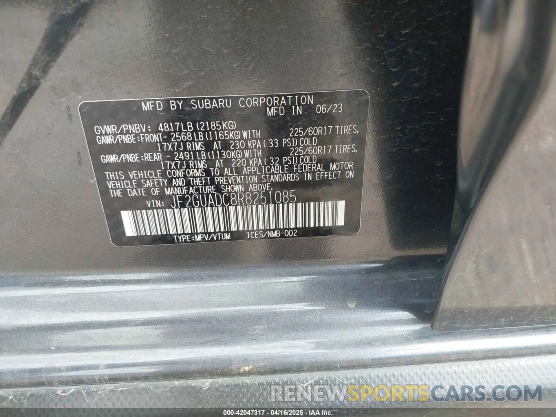 9 Фотография поврежденного автомобиля JF2GUADC8R8251085 SUBARU CROSSTREK 2024