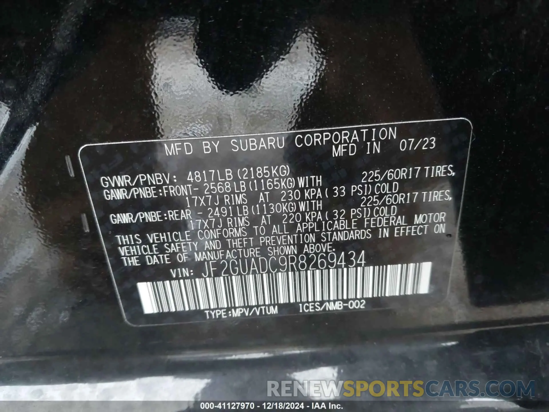 9 Photograph of a damaged car JF2GUADC9R8269434 SUBARU CROSSTREK 2024