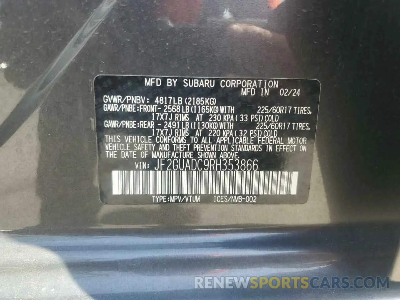 12 Photograph of a damaged car JF2GUADC9RH353866 SUBARU CROSSTREK 2024