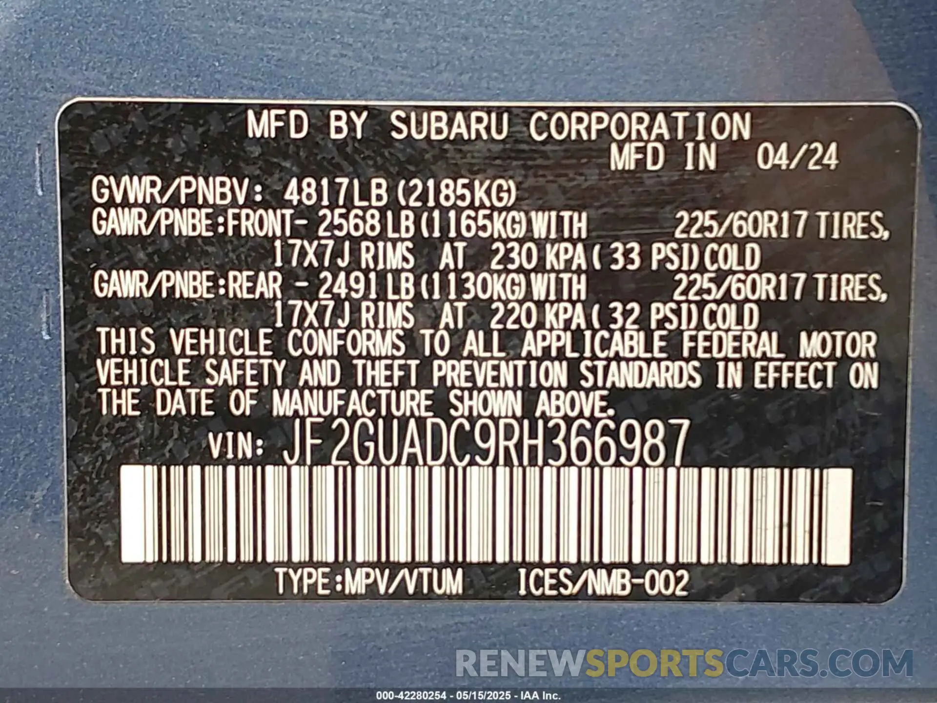 9 Фотография поврежденного автомобиля JF2GUADC9RH366987 SUBARU CROSSTREK 2024