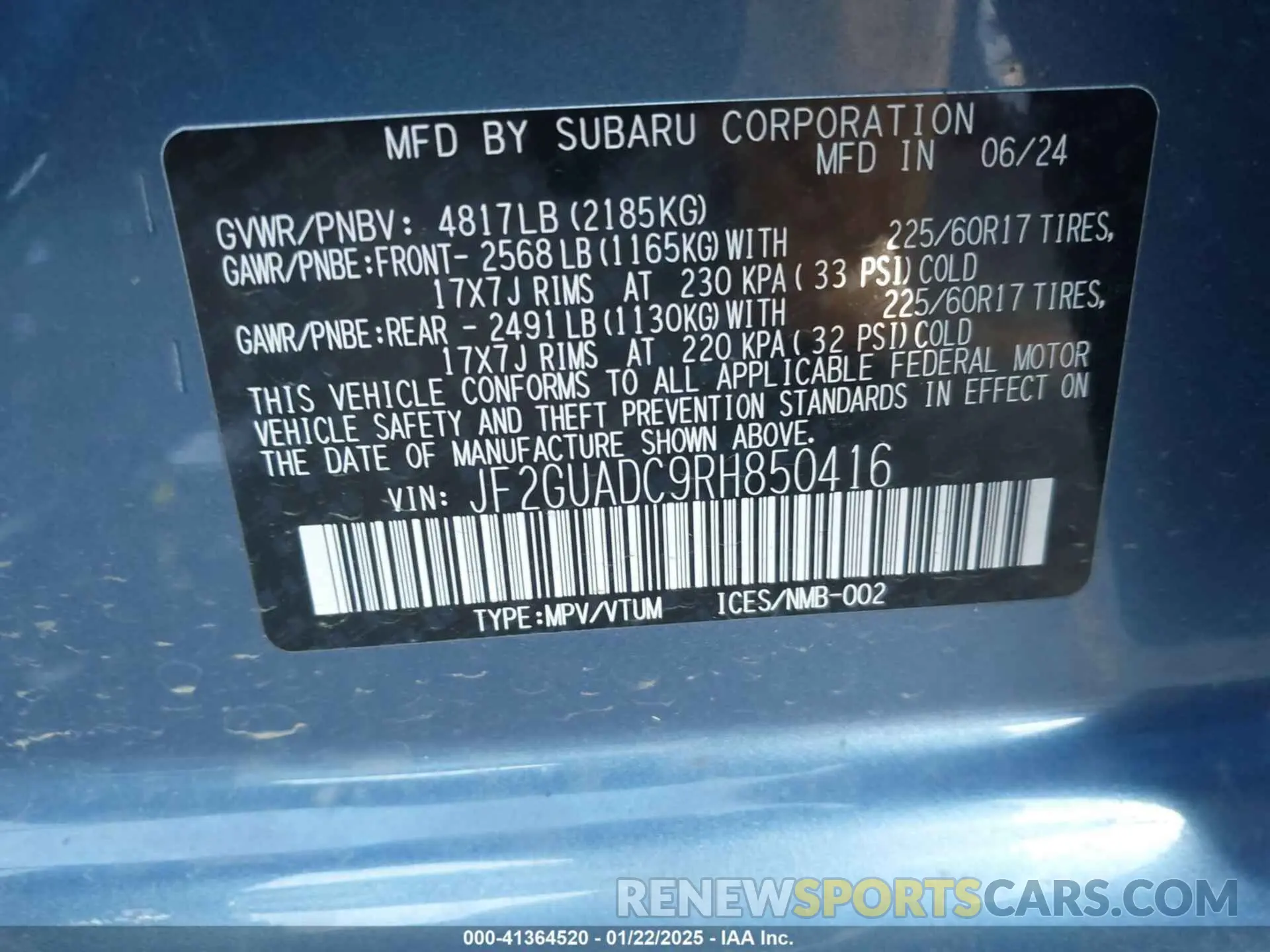 9 Фотография поврежденного автомобиля JF2GUADC9RH850416 SUBARU CROSSTREK 2024