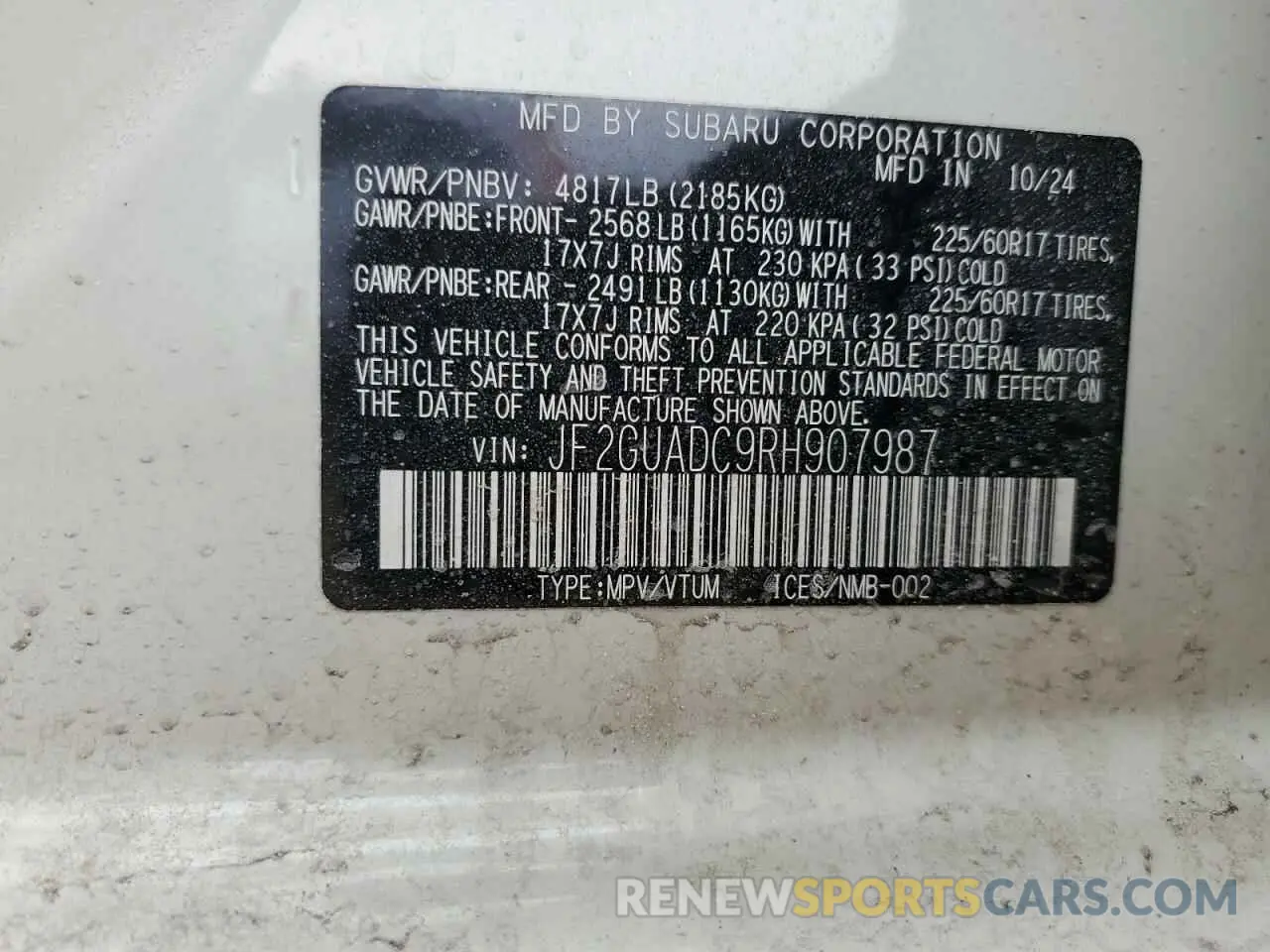 13 Фотография поврежденного автомобиля JF2GUADC9RH907987 SUBARU CROSSTREK 2024