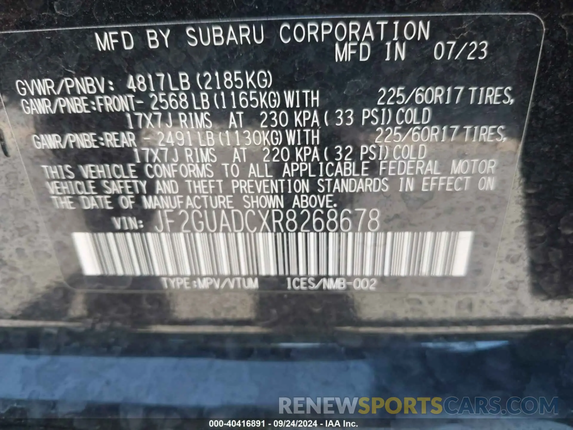 9 Photograph of a damaged car JF2GUADCXR8268678 SUBARU CROSSTREK 2024