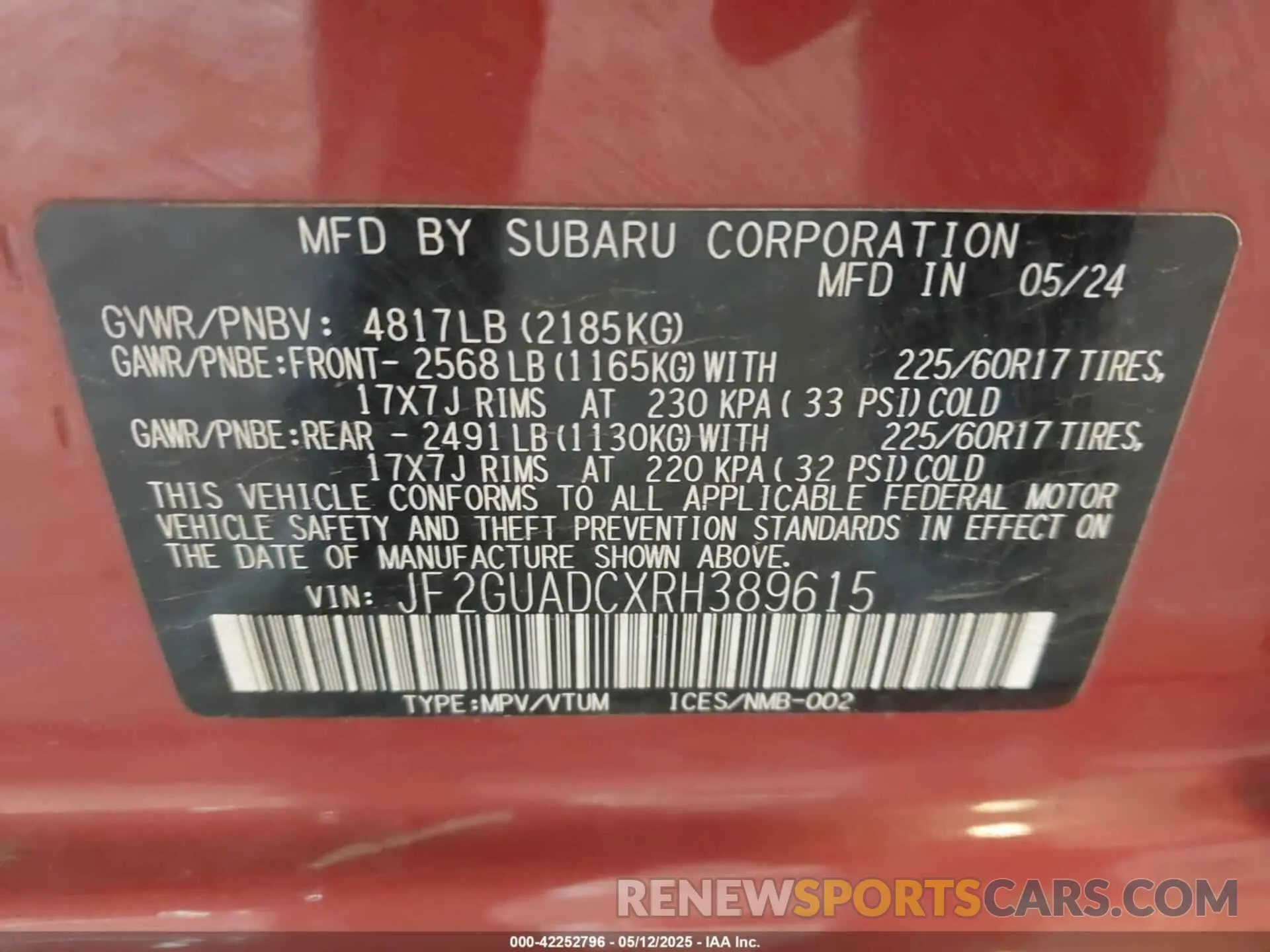 9 Фотография поврежденного автомобиля JF2GUADCXRH389615 SUBARU CROSSTREK 2024