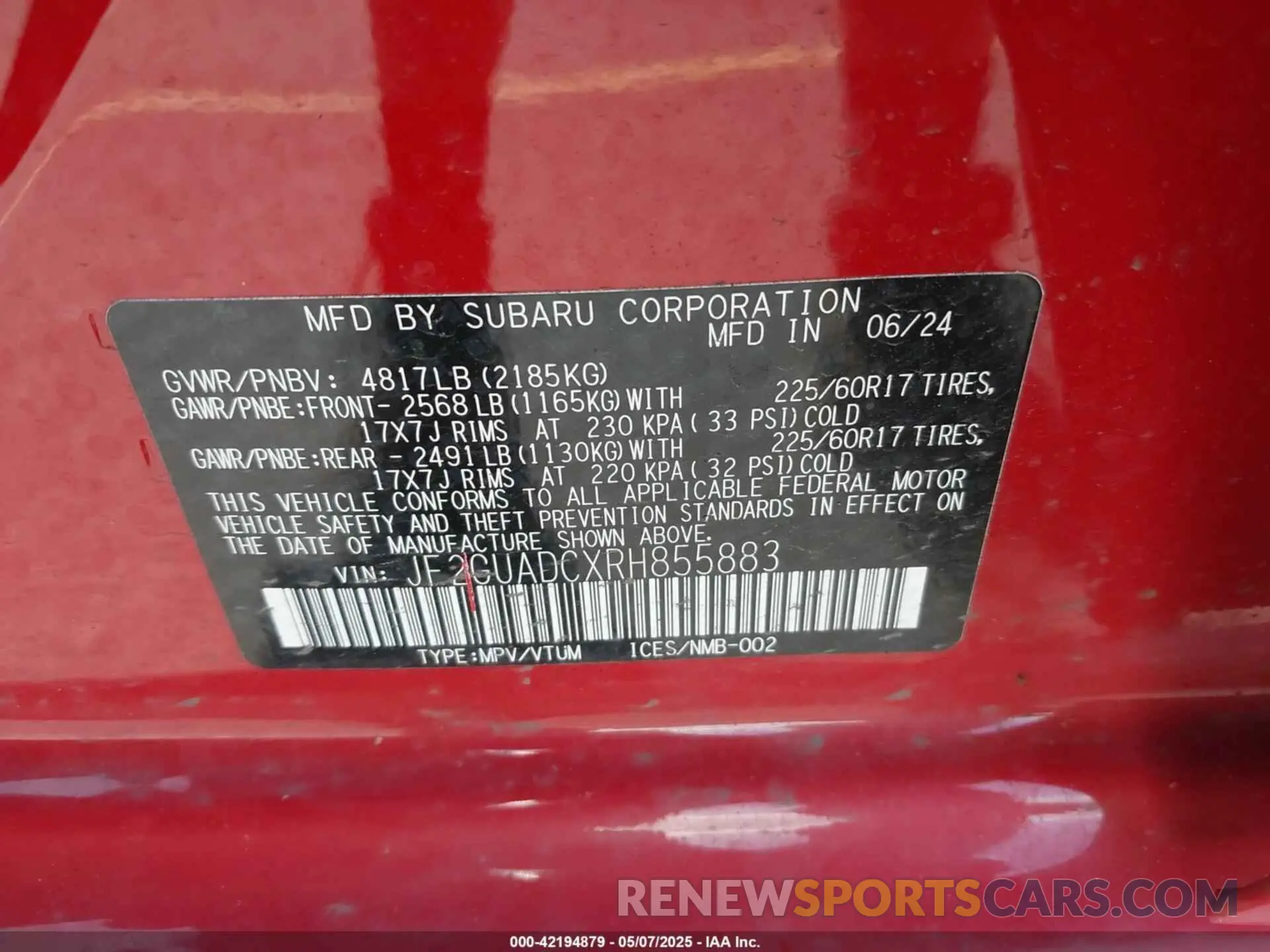 9 Photograph of a damaged car JF2GUADCXRH855883 SUBARU CROSSTREK 2024