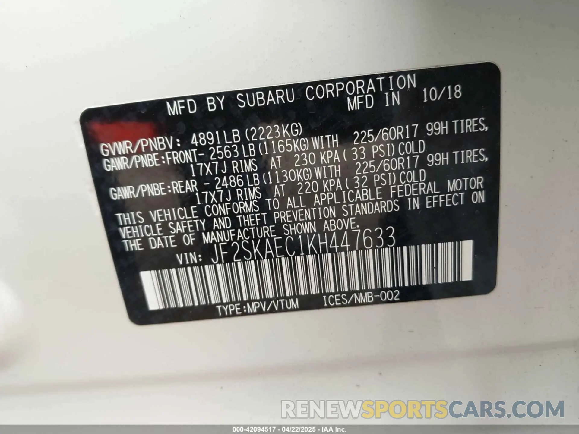 9 Photograph of a damaged car JF2SKAEC1KH447633 SUBARU FORESTER 2019