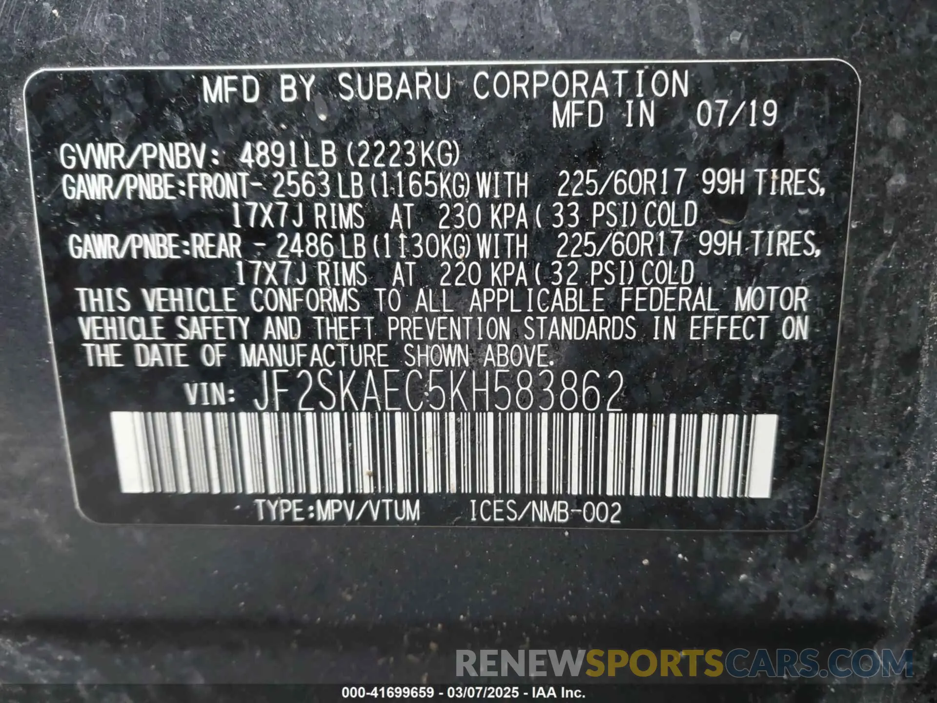 9 Photograph of a damaged car JF2SKAEC5KH583862 SUBARU FORESTER 2019