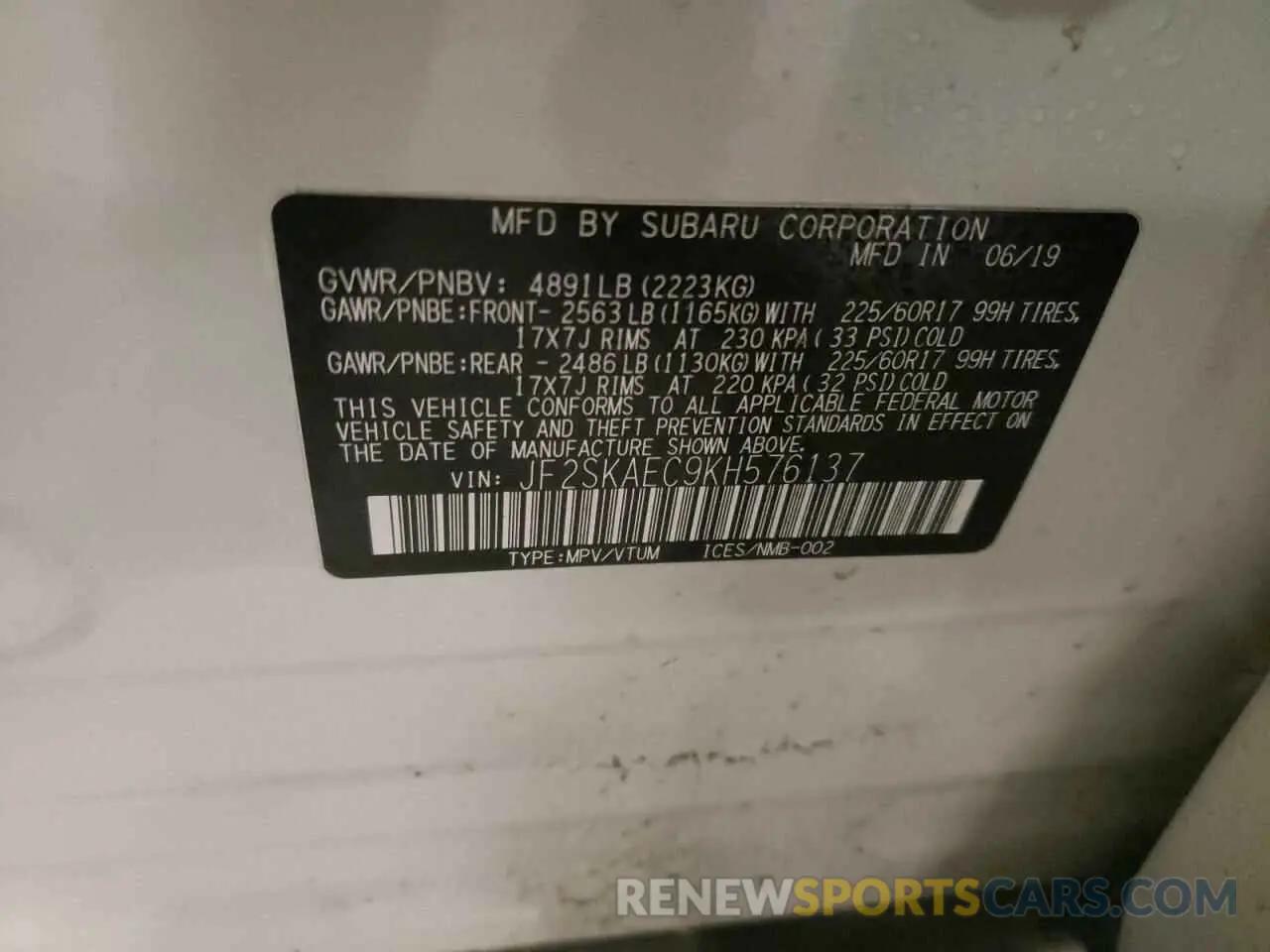 16 Photograph of a damaged car JF2SKAEC9KH576137 SUBARU FORESTER 2019