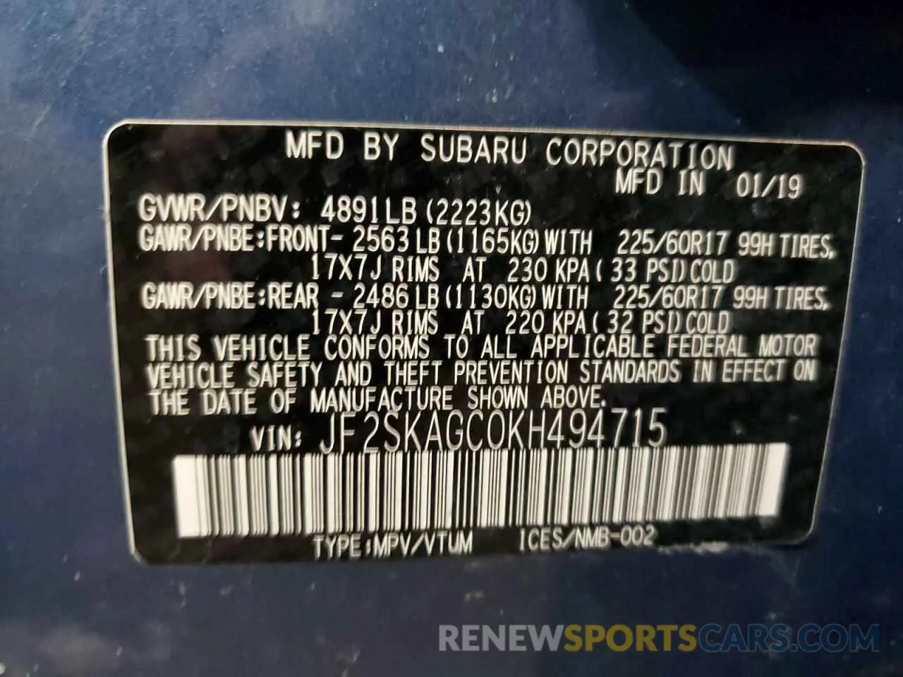 13 Photograph of a damaged car JF2SKAGC0KH494715 SUBARU FORESTER 2019