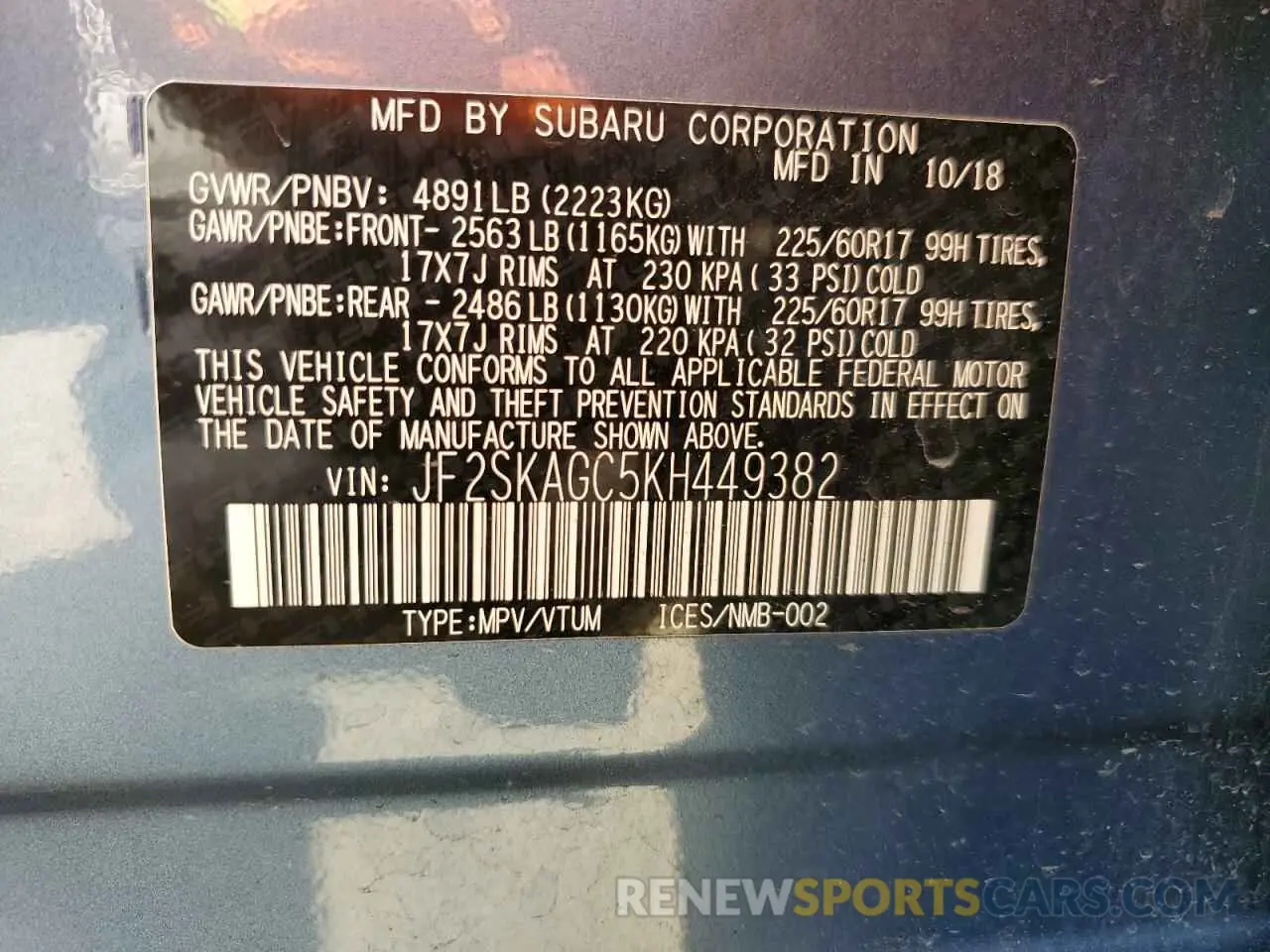 13 Photograph of a damaged car JF2SKAGC5KH449382 SUBARU FORESTER 2019