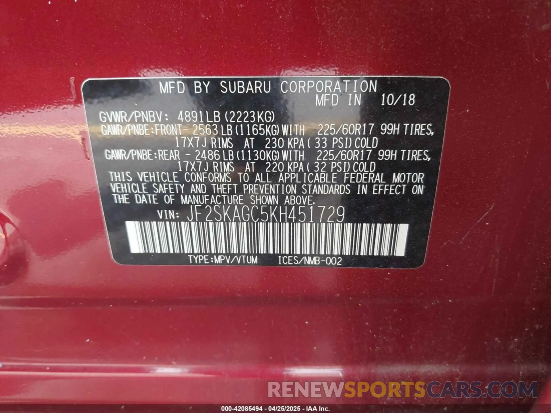 9 Фотография поврежденного автомобиля JF2SKAGC5KH451729 SUBARU FORESTER 2019
