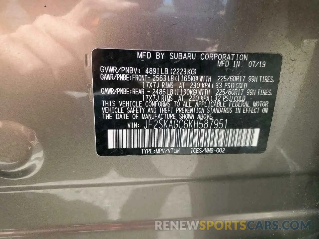 14 Фотография поврежденного автомобиля JF2SKAGC6KH587951 SUBARU FORESTER 2019