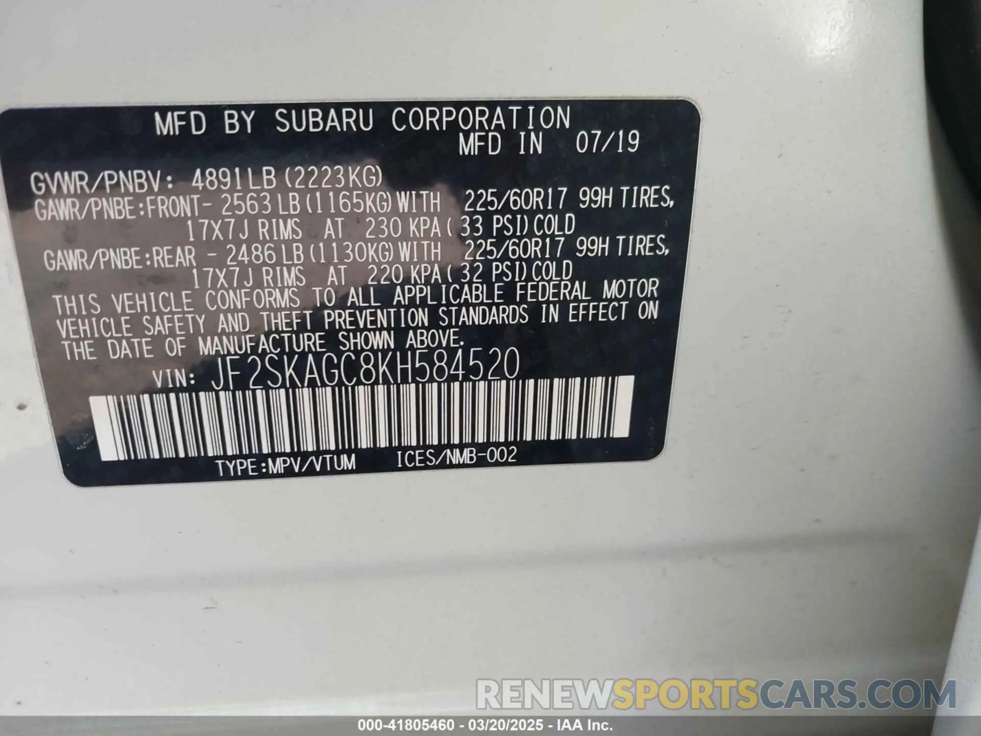 9 Photograph of a damaged car JF2SKAGC8KH584520 SUBARU FORESTER 2019