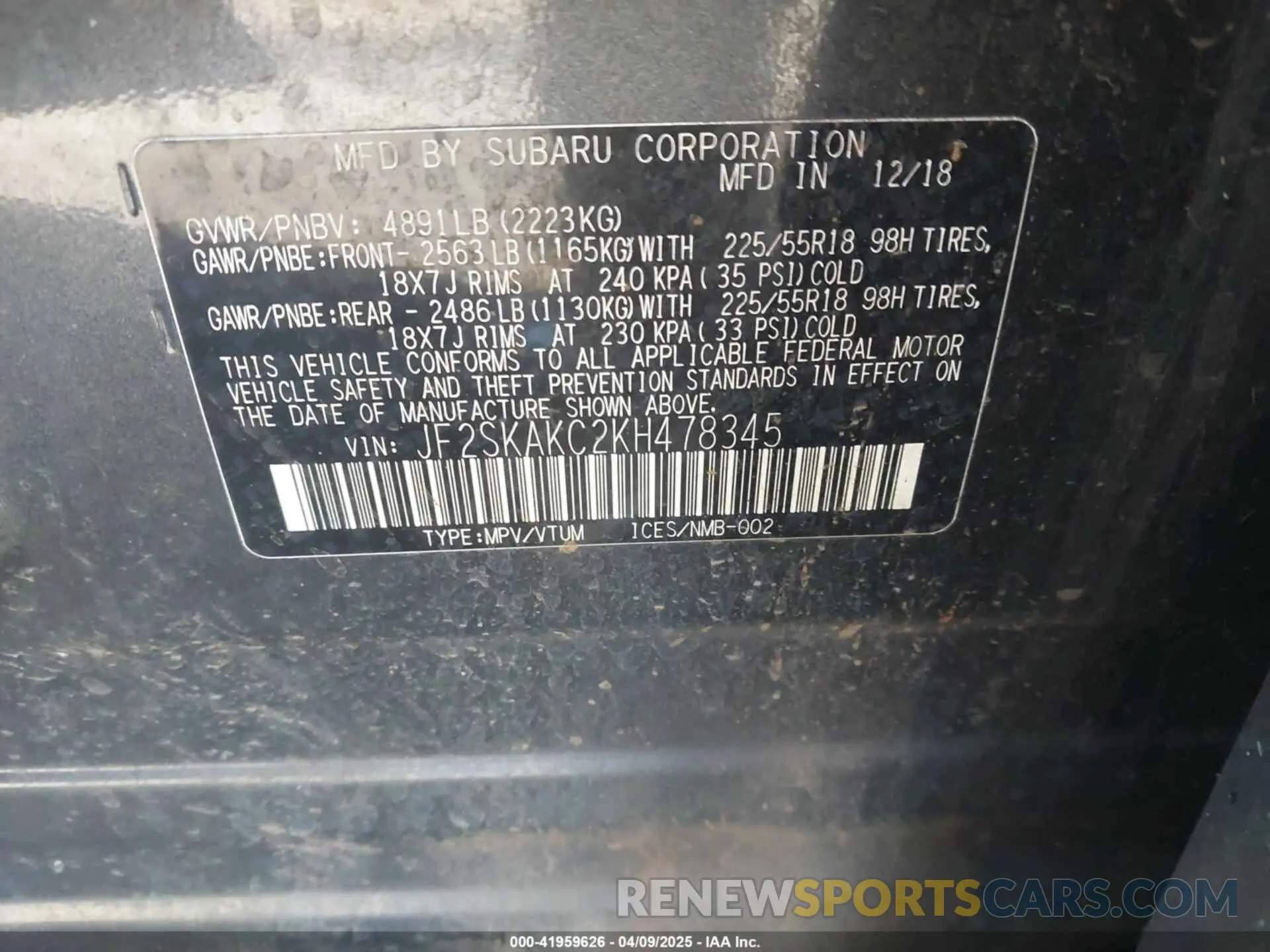 9 Photograph of a damaged car JF2SKAKC2KH478345 SUBARU FORESTER 2019