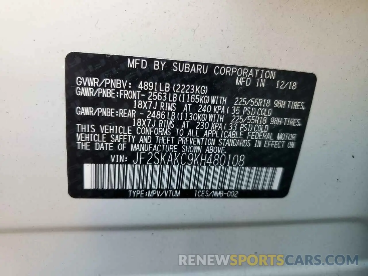 12 Photograph of a damaged car JF2SKAKC9KH480108 SUBARU FORESTER 2019