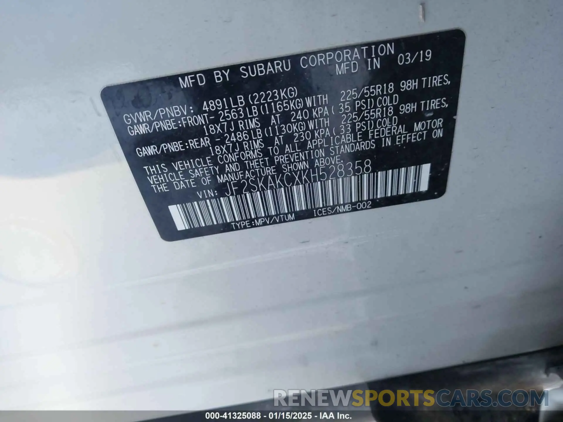 9 Photograph of a damaged car JF2SKAKCXKH528358 SUBARU FORESTER 2019