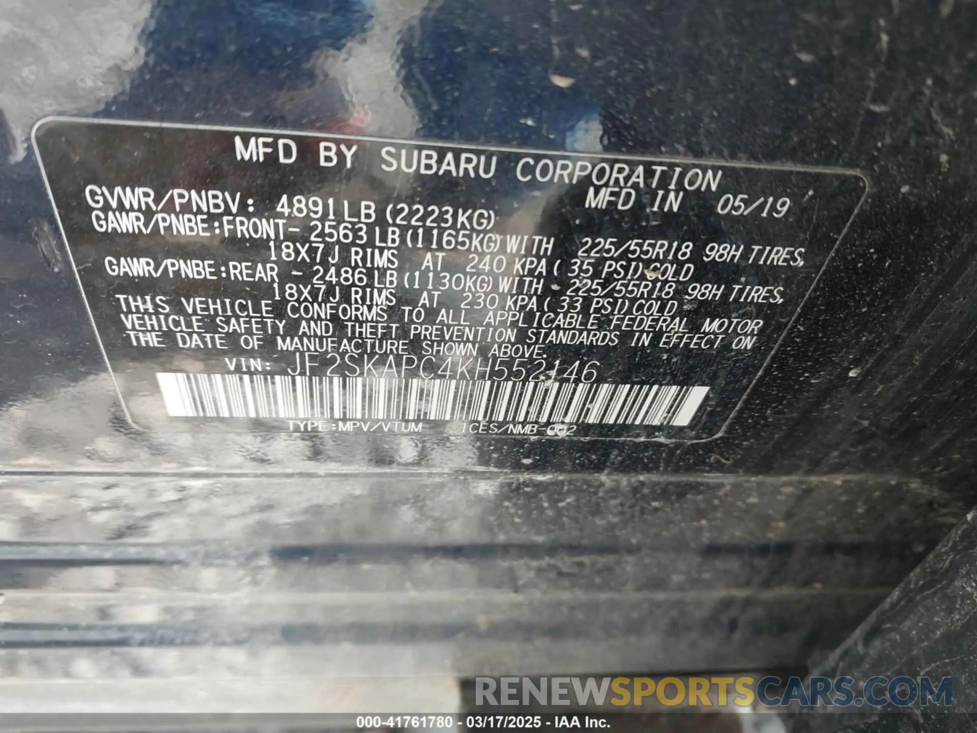 9 Фотография поврежденного автомобиля JF2SKAPC4KH552146 SUBARU FORESTER 2019