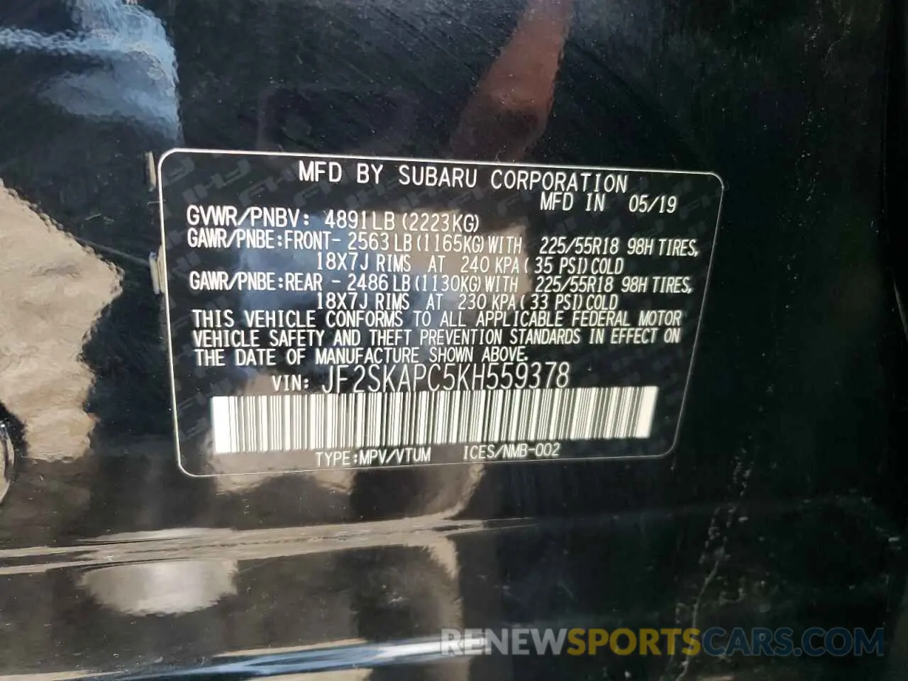12 Photograph of a damaged car JF2SKAPC5KH559378 SUBARU FORESTER 2019