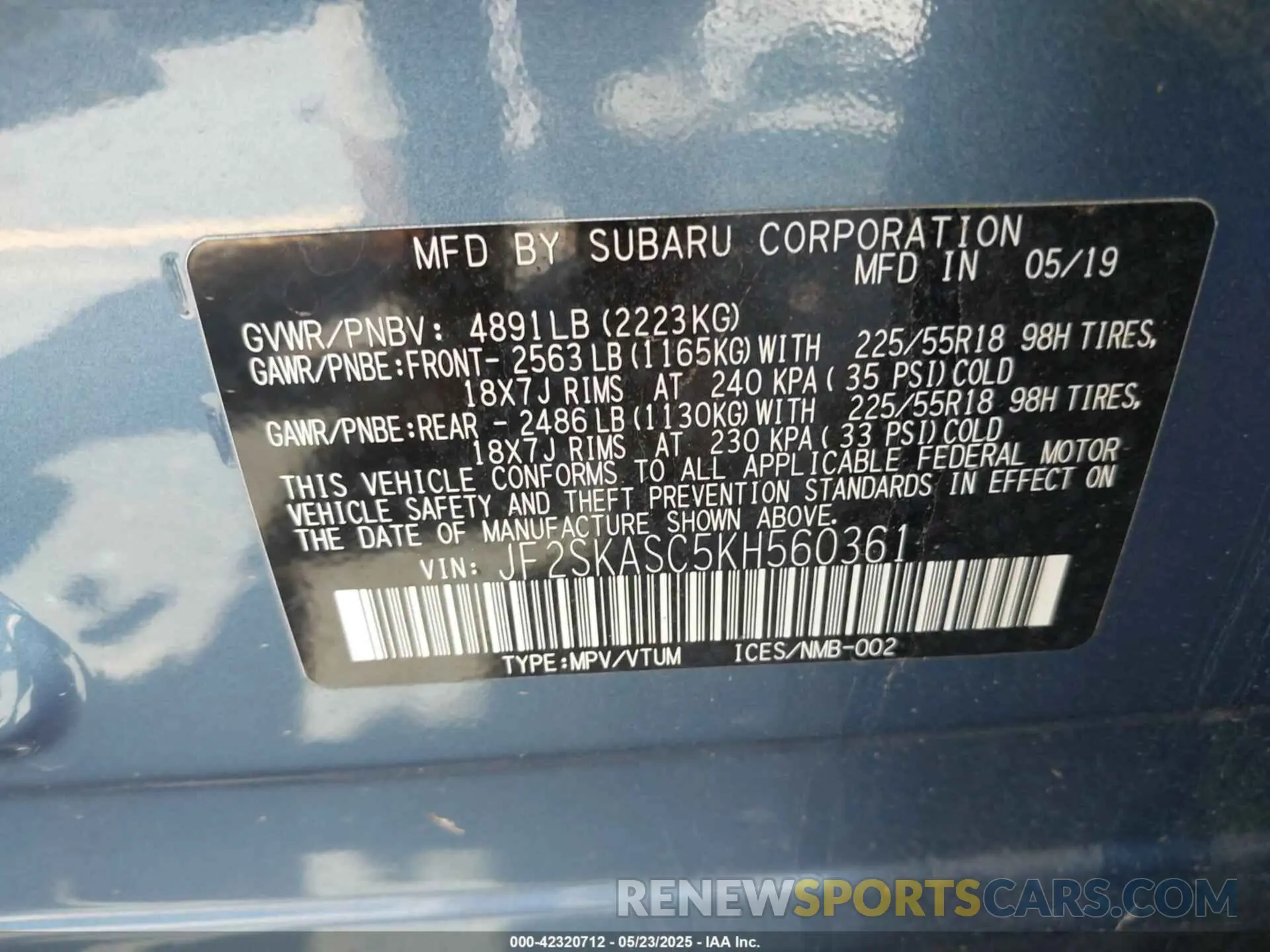 9 Фотография поврежденного автомобиля JF2SKASC5KH560361 SUBARU FORESTER 2019