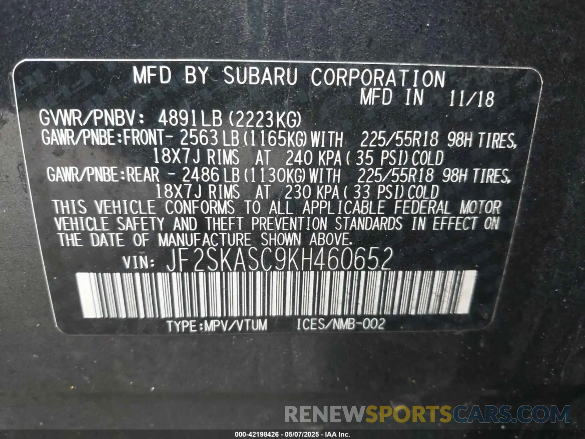 9 Фотография поврежденного автомобиля JF2SKASC9KH460652 SUBARU FORESTER 2019
