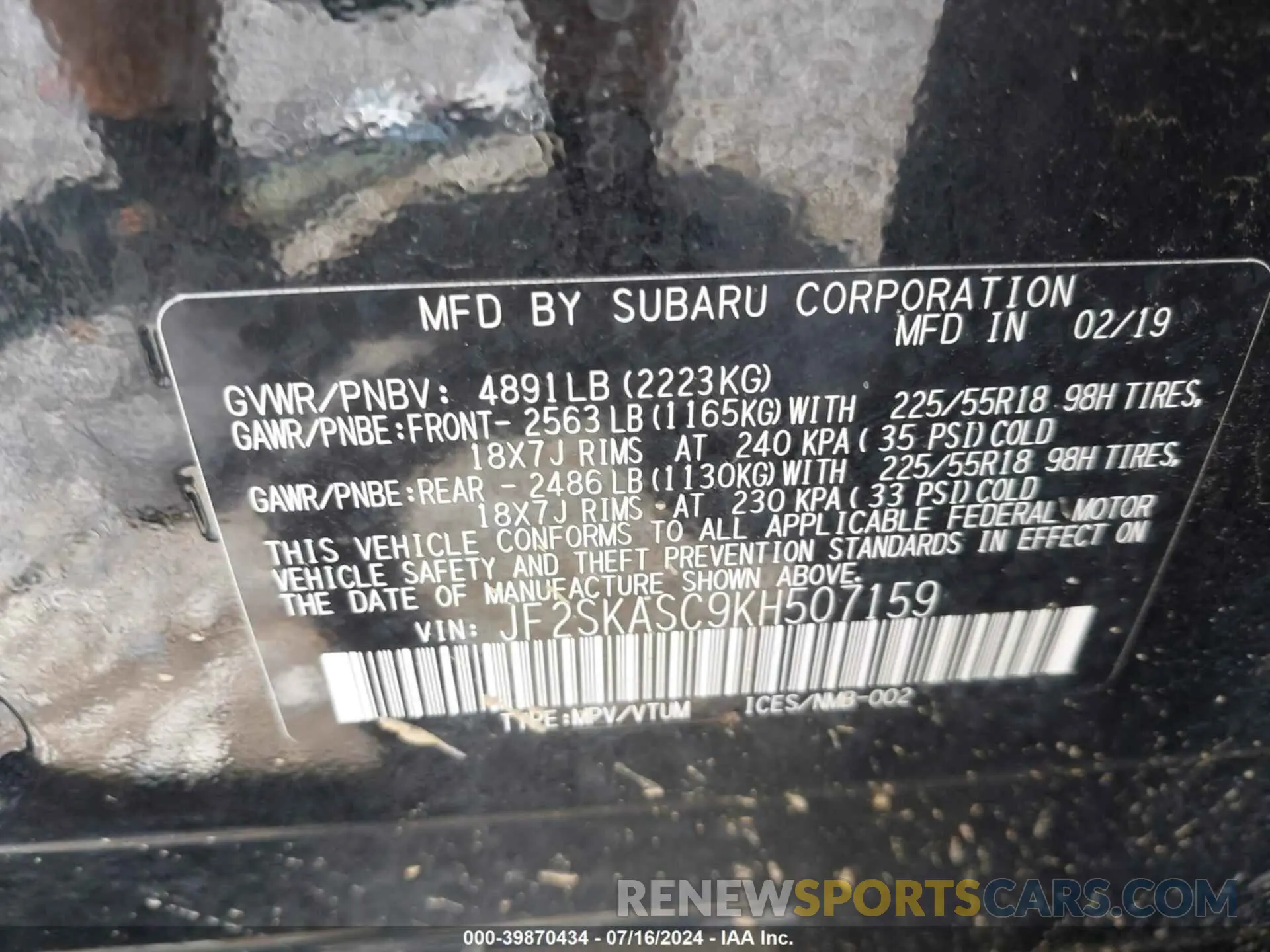 9 Photograph of a damaged car JF2SKASC9KH507159 SUBARU FORESTER 2019