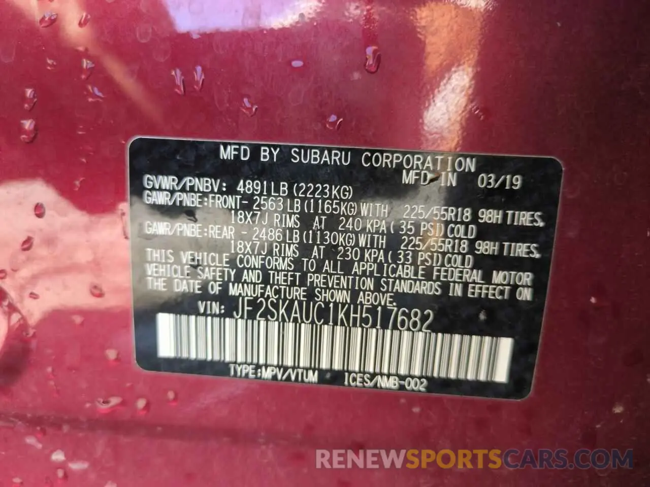 14 Фотография поврежденного автомобиля JF2SKAUC1KH517682 SUBARU FORESTER 2019