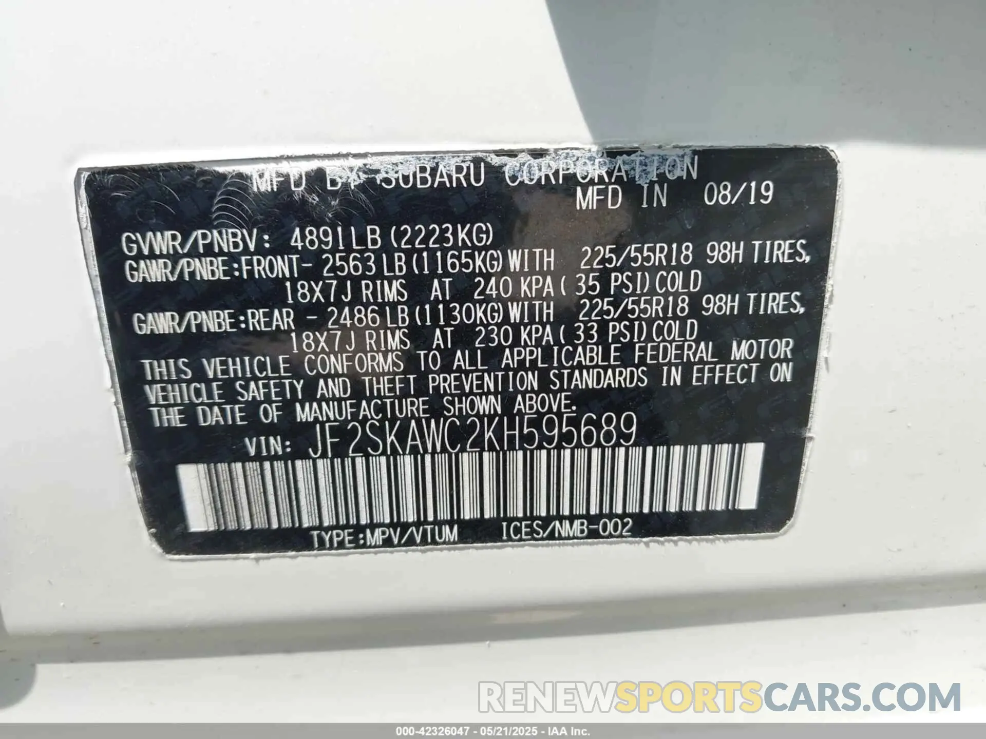 9 Photograph of a damaged car JF2SKAWC2KH595689 SUBARU FORESTER 2019