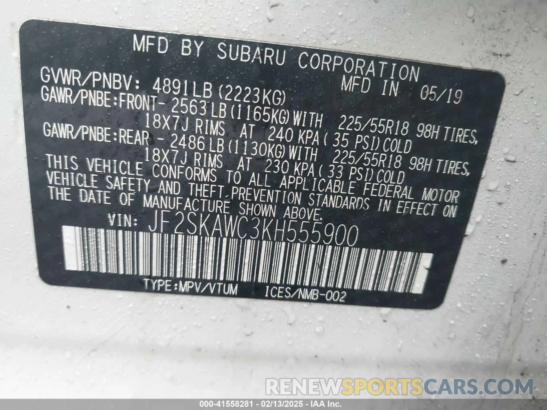 9 Фотография поврежденного автомобиля JF2SKAWC3KH555900 SUBARU FORESTER 2019