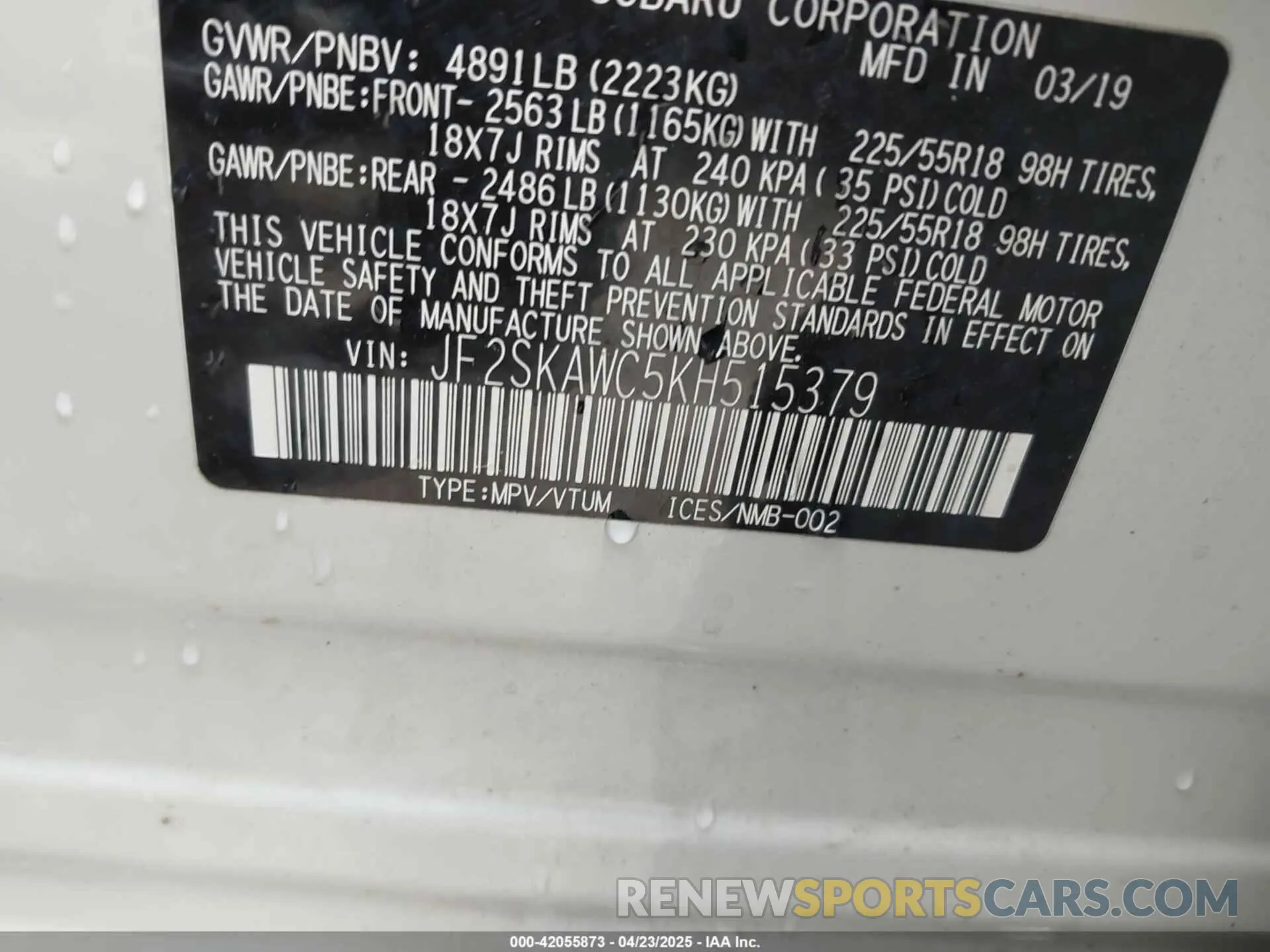 9 Photograph of a damaged car JF2SKAWC5KH515379 SUBARU FORESTER 2019