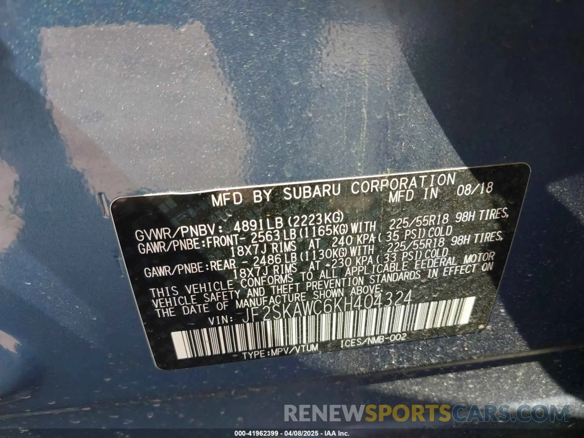 9 Фотография поврежденного автомобиля JF2SKAWC6KH404324 SUBARU FORESTER 2019