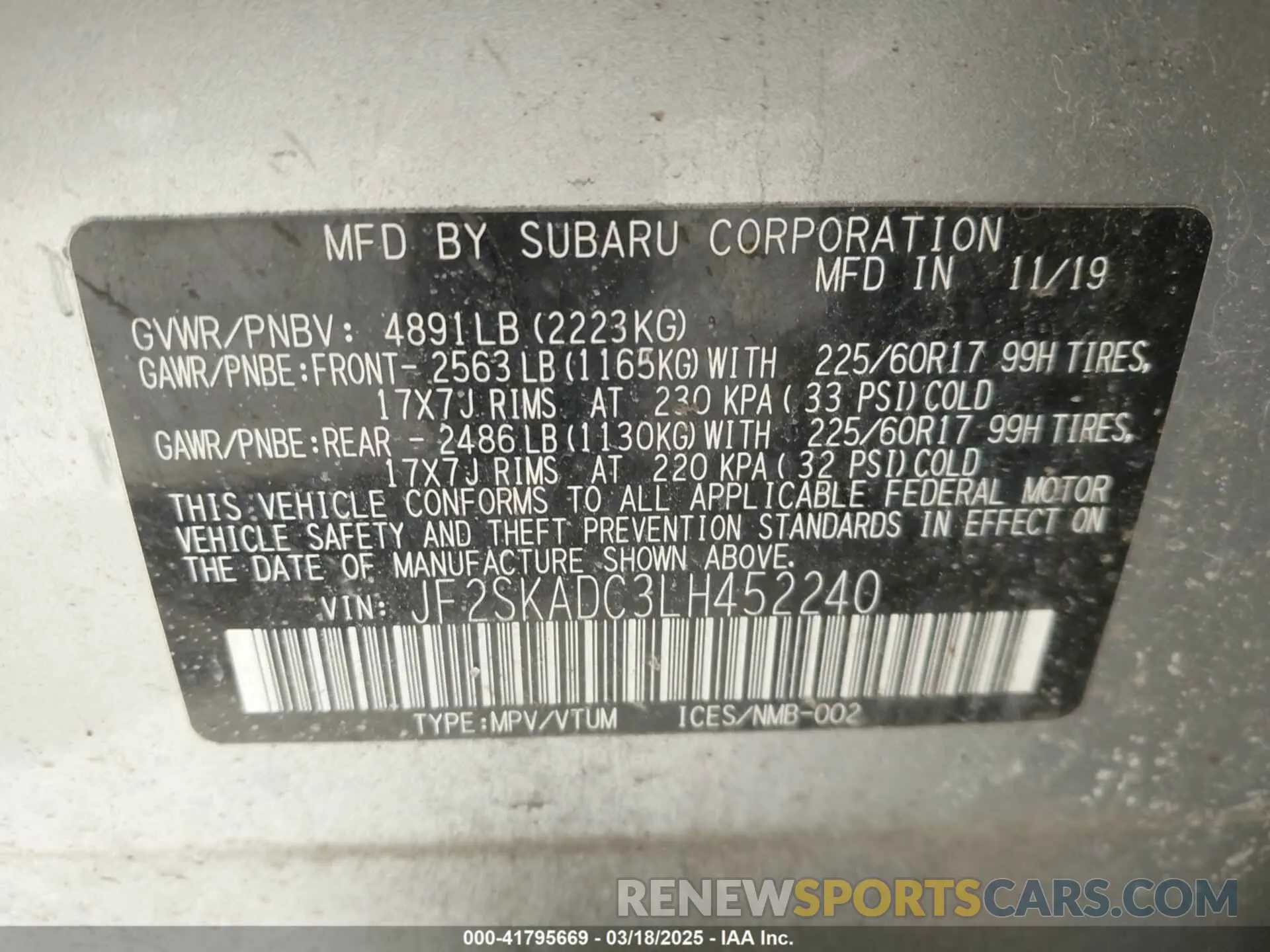 9 Фотография поврежденного автомобиля JF2SKADC3LH452240 SUBARU FORESTER 2020