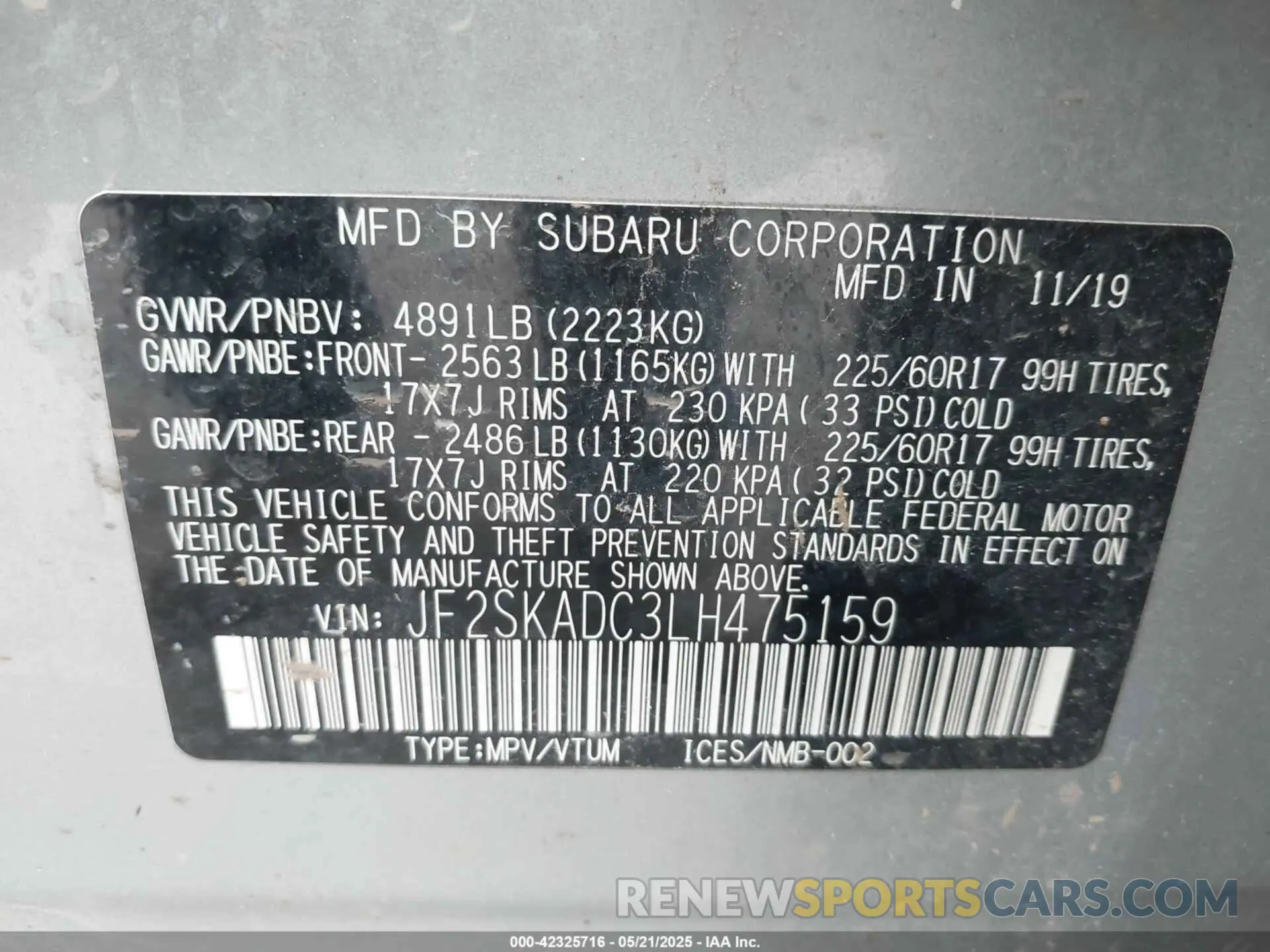 9 Фотография поврежденного автомобиля JF2SKADC3LH475159 SUBARU FORESTER 2020