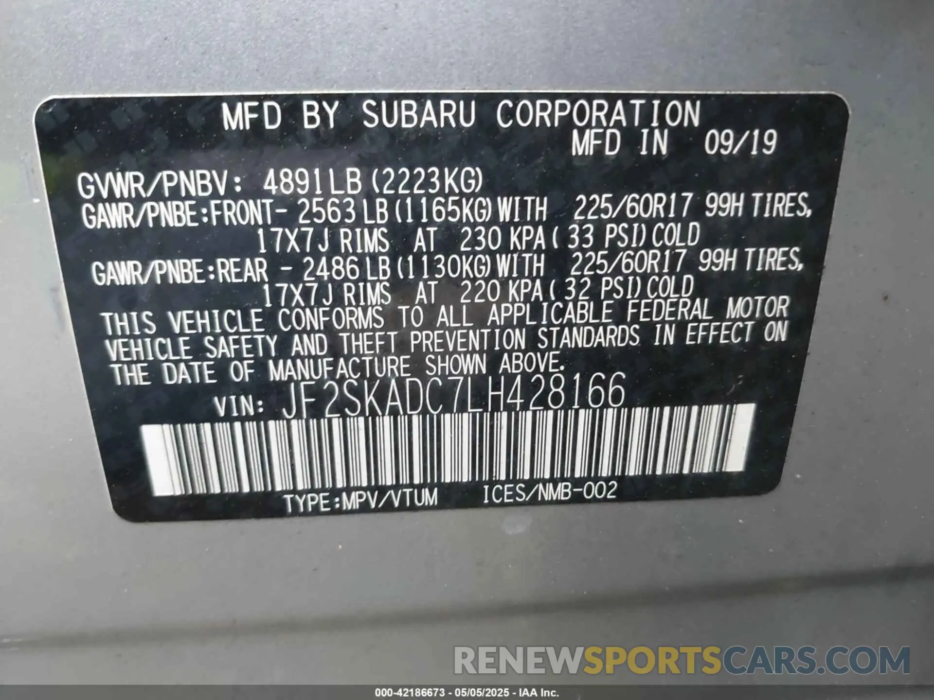 9 Фотография поврежденного автомобиля JF2SKADC7LH428166 SUBARU FORESTER 2020