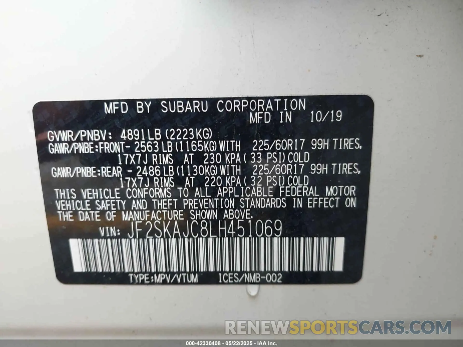 9 Photograph of a damaged car JF2SKAJC8LH451069 SUBARU FORESTER 2020