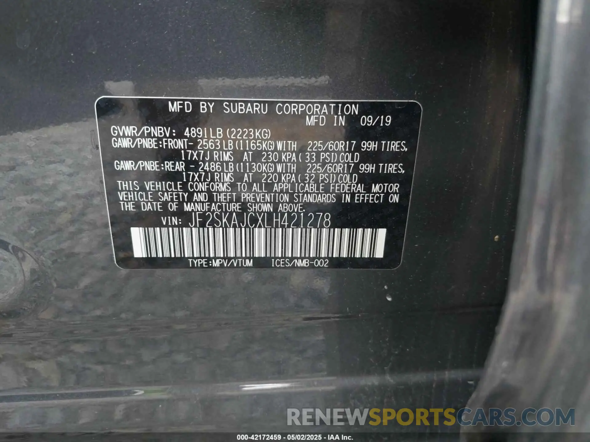 9 Фотография поврежденного автомобиля JF2SKAJCXLH421278 SUBARU FORESTER 2020