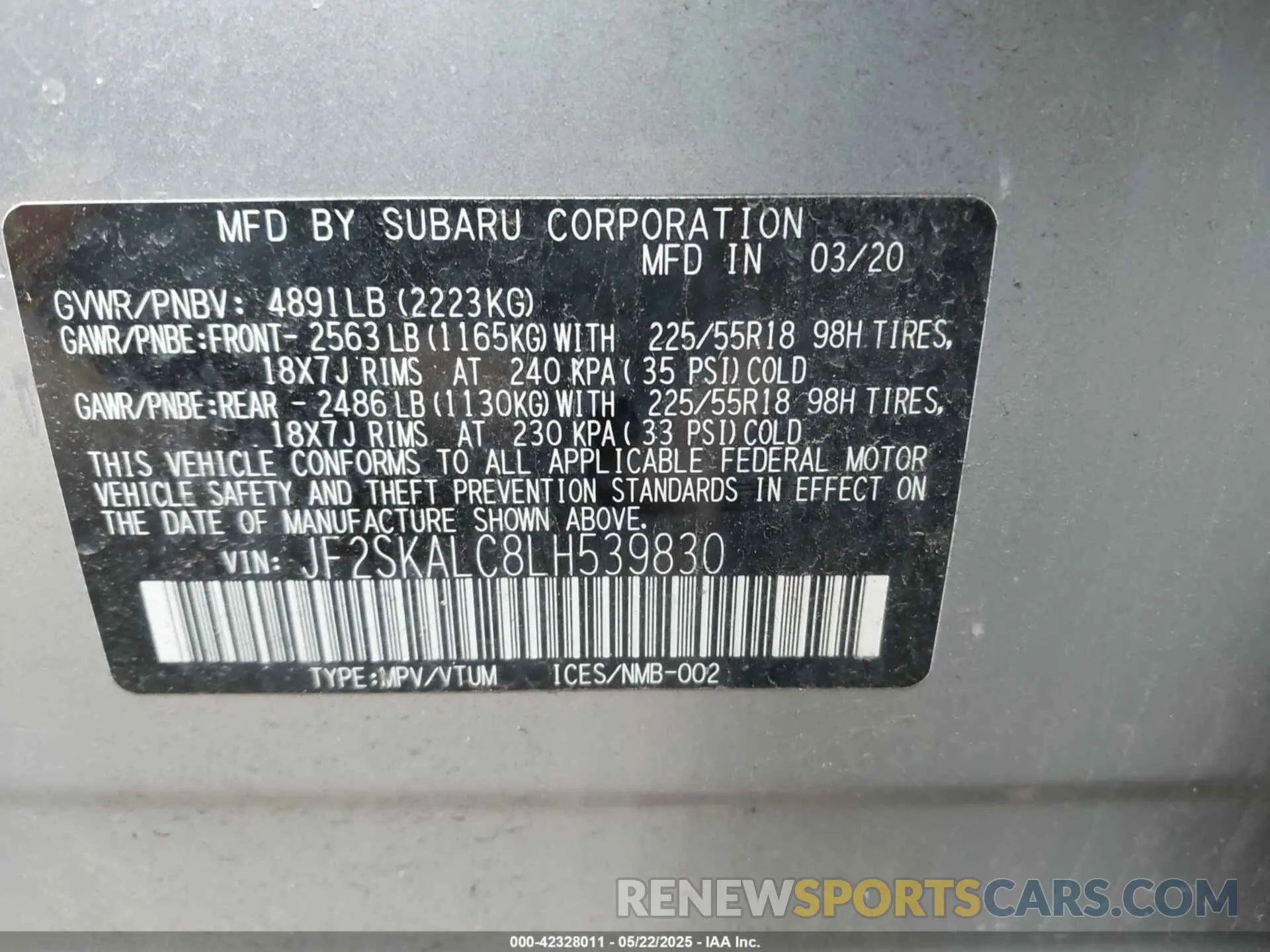 9 Фотография поврежденного автомобиля JF2SKALC8LH539830 SUBARU FORESTER 2020
