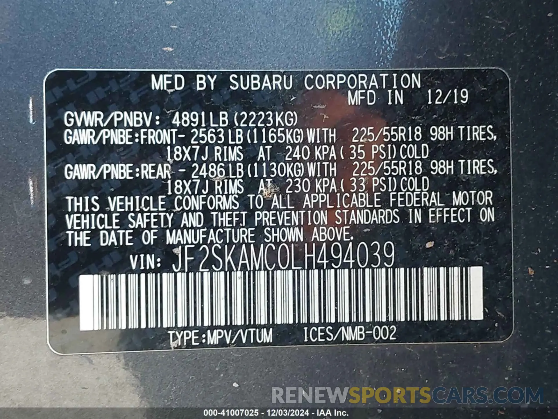 9 Фотография поврежденного автомобиля JF2SKAMC0LH494039 SUBARU FORESTER 2020