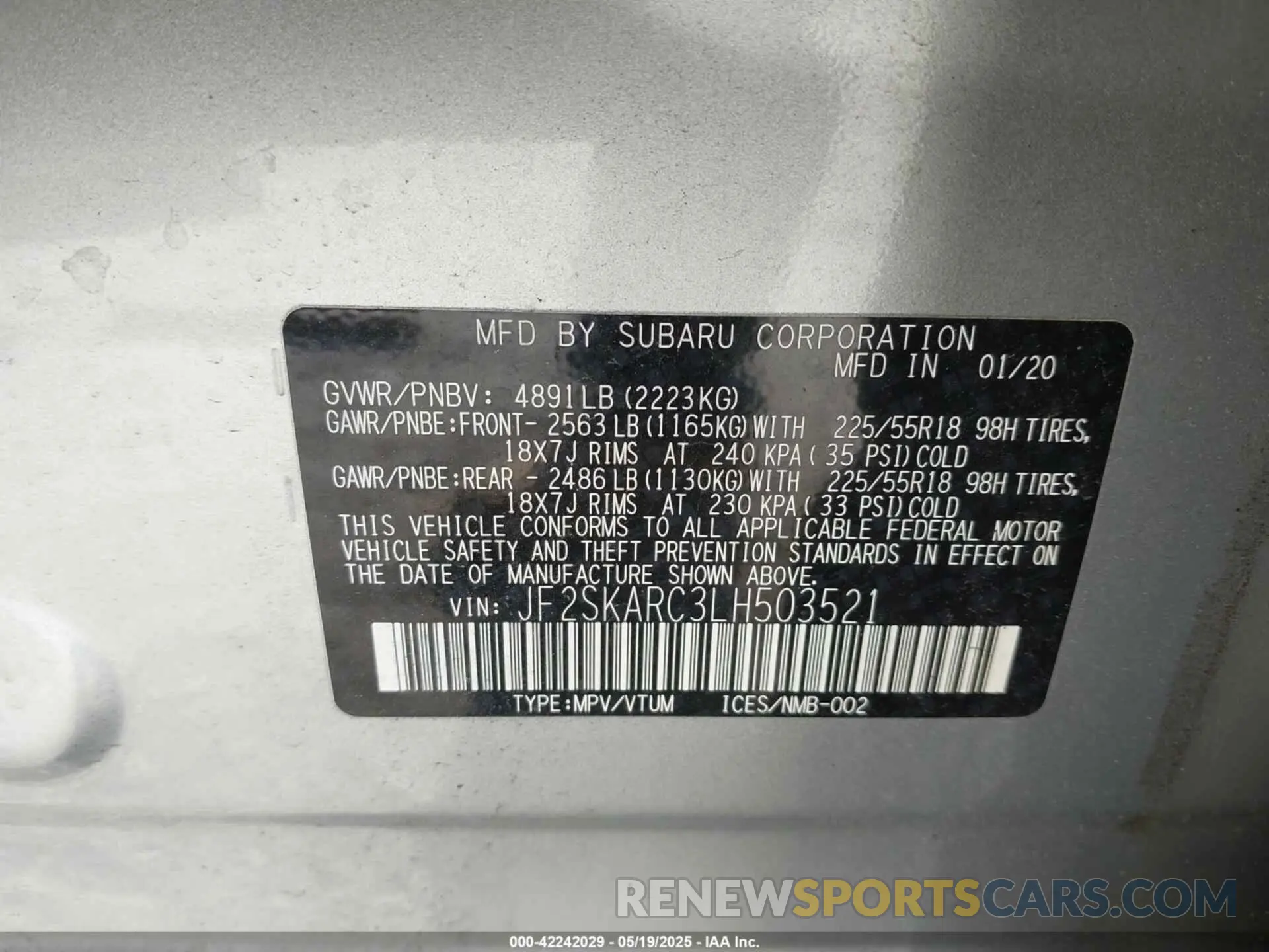 9 Фотография поврежденного автомобиля JF2SKARC3LH503521 SUBARU FORESTER 2020
