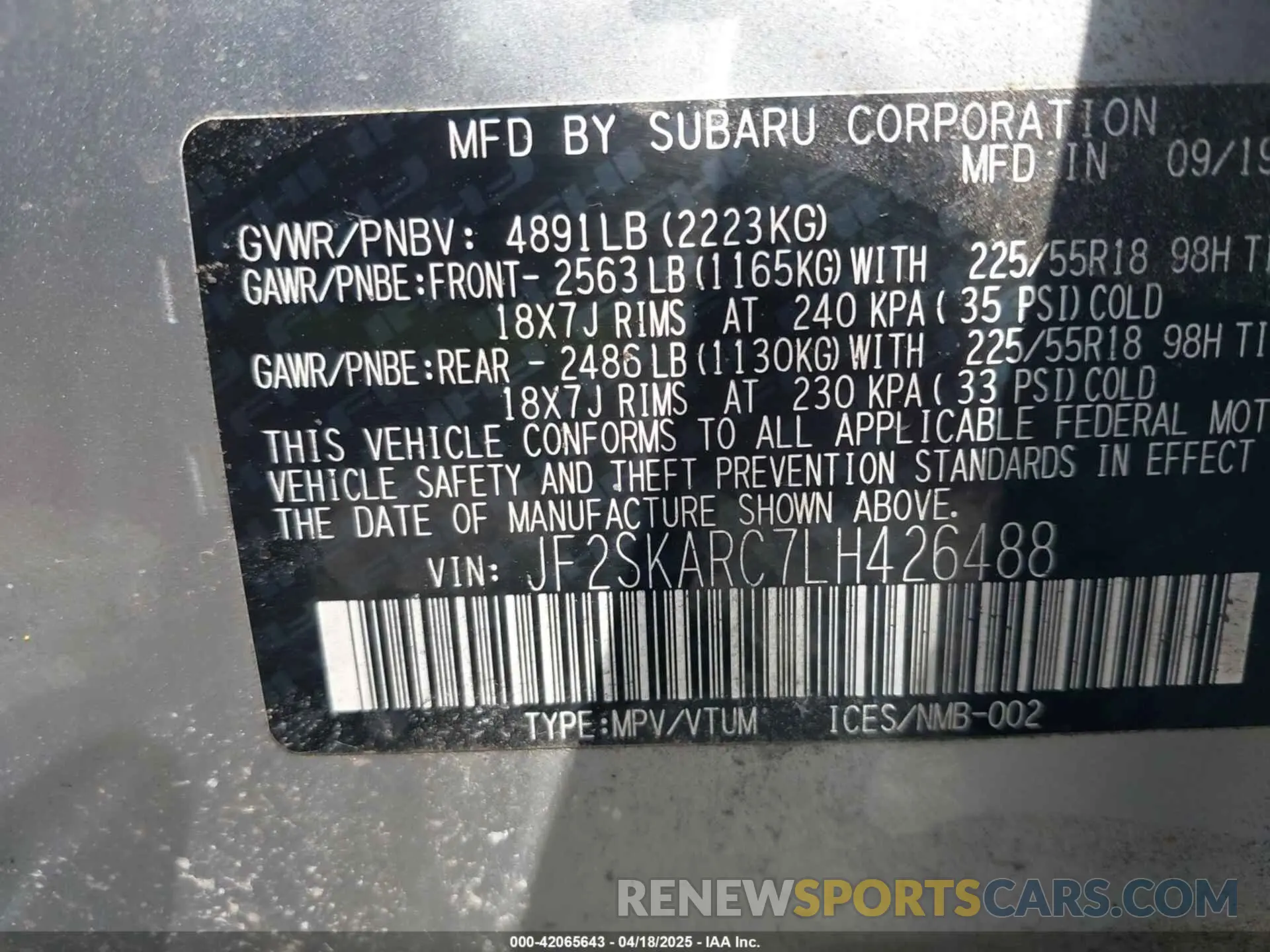 9 Photograph of a damaged car JF2SKARC7LH426488 SUBARU FORESTER 2020