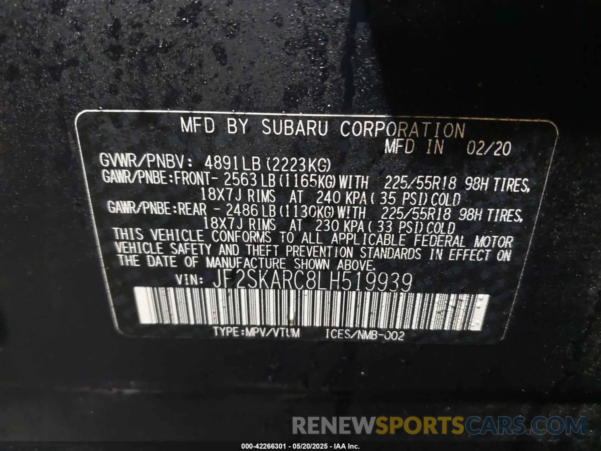 9 Фотография поврежденного автомобиля JF2SKARC8LH519939 SUBARU FORESTER 2020