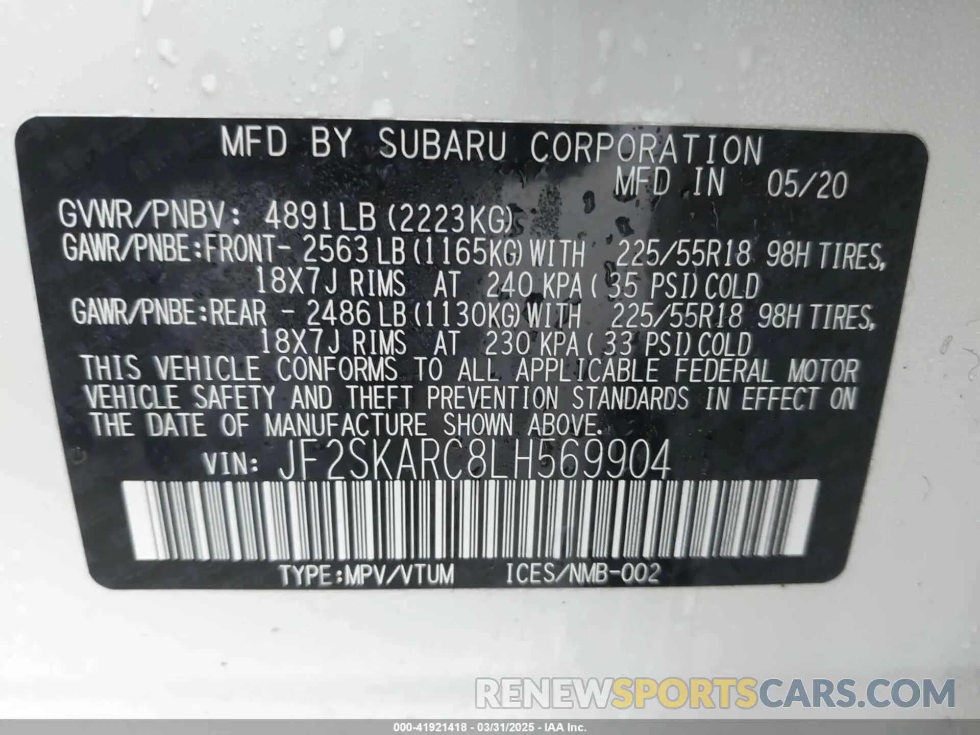 9 Photograph of a damaged car JF2SKARC8LH569904 SUBARU FORESTER 2020