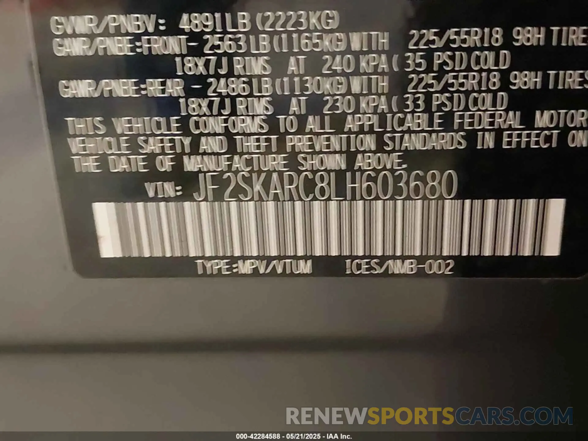 9 Фотография поврежденного автомобиля JF2SKARC8LH603680 SUBARU FORESTER 2020