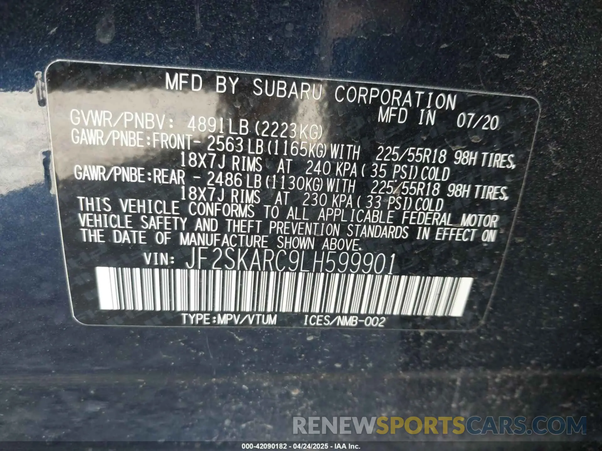 9 Photograph of a damaged car JF2SKARC9LH599901 SUBARU FORESTER 2020